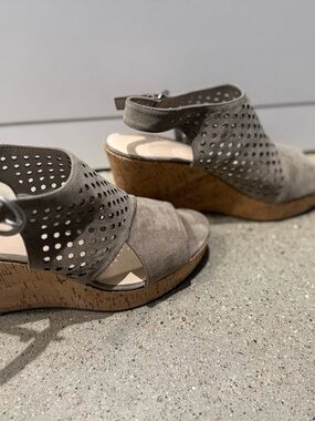 Nine West Taupe Perforated Suede Wedge Sandals